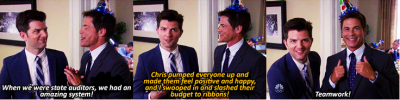 A three frame depiction of a scene from the NBC show Parks and Rec showing an example of teamwork